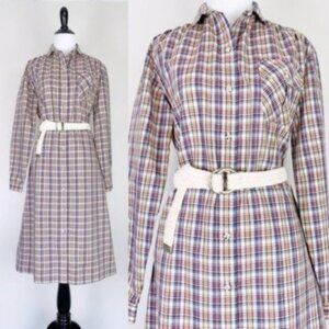 Vintage 70s Dress Red Blue & Yellow Plaid Long Sleeve Midi Shirt Dress Medium